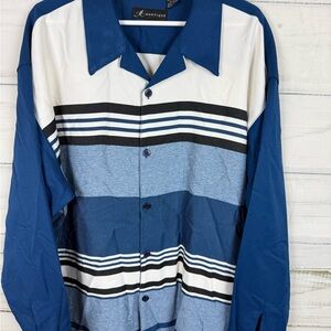 Montique  Blue and White Button Down Shirt with Sporty Stripes